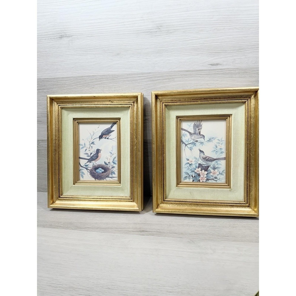 Framed Songbird Print Pair Robin Brown Thrasher Gold Gilt Frame 10" Wall Art